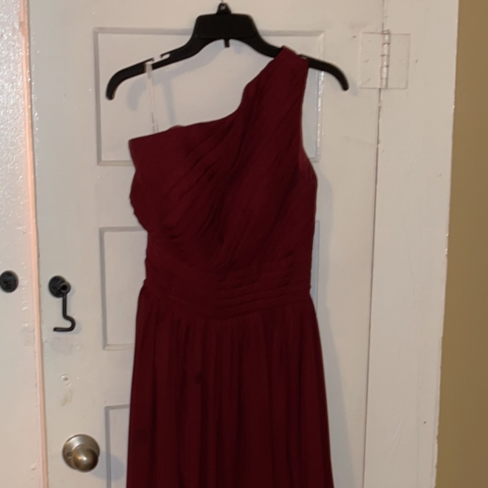 Wine colored floor length one shoulder bridesmaid/ formal dress